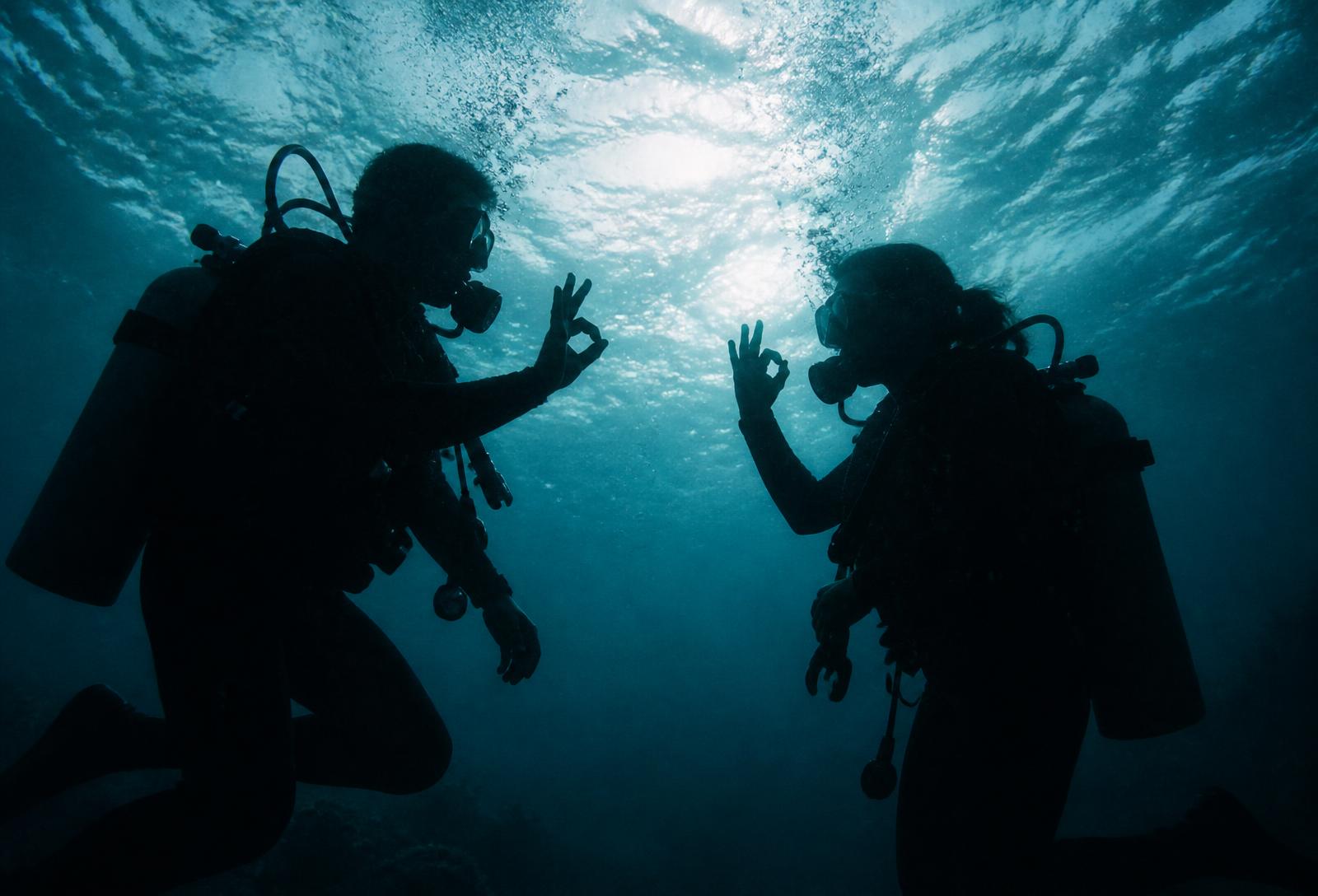 An instructor and a student exchange the OK signal, silhouetted against the bright surface