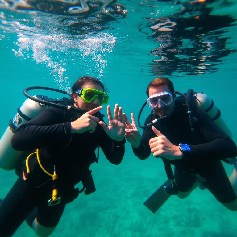 Two divers facing each other underwater, both giving the OK sign in clear turquoise water