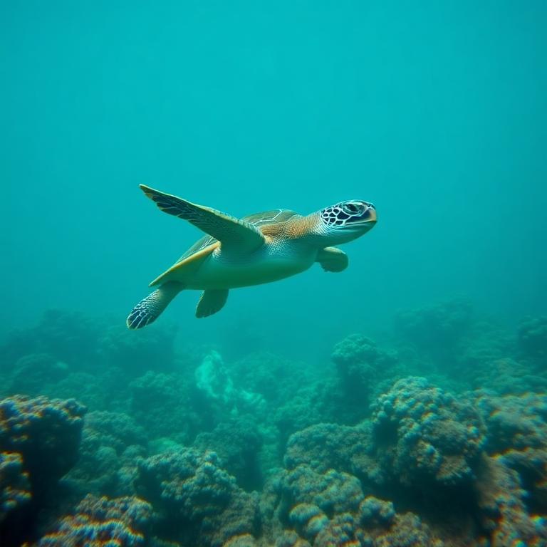 A green sea turtle gliding slowly above a coral reef