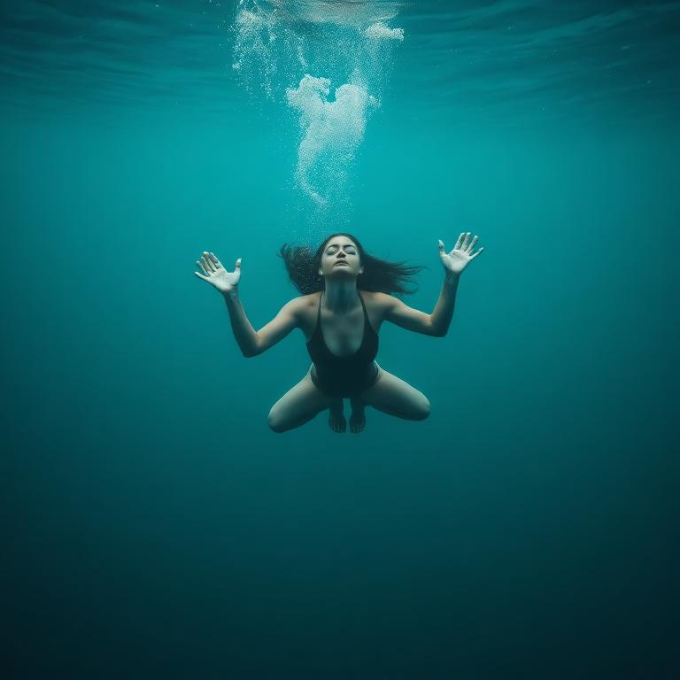 A diver hovering perfectly still mid-water with eyes closed