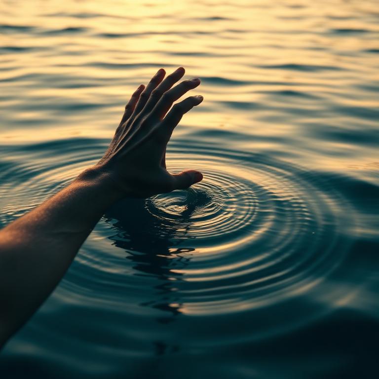 A hand breaking the surface of calm water at dawn, ripples spreading outward