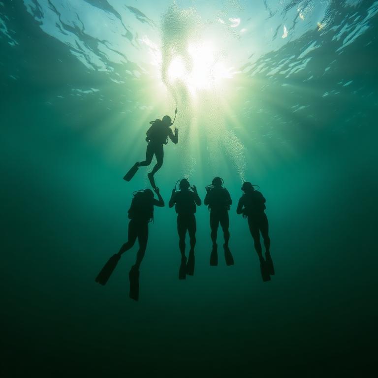 Silhouettes of divers ascending together toward the bright surface
